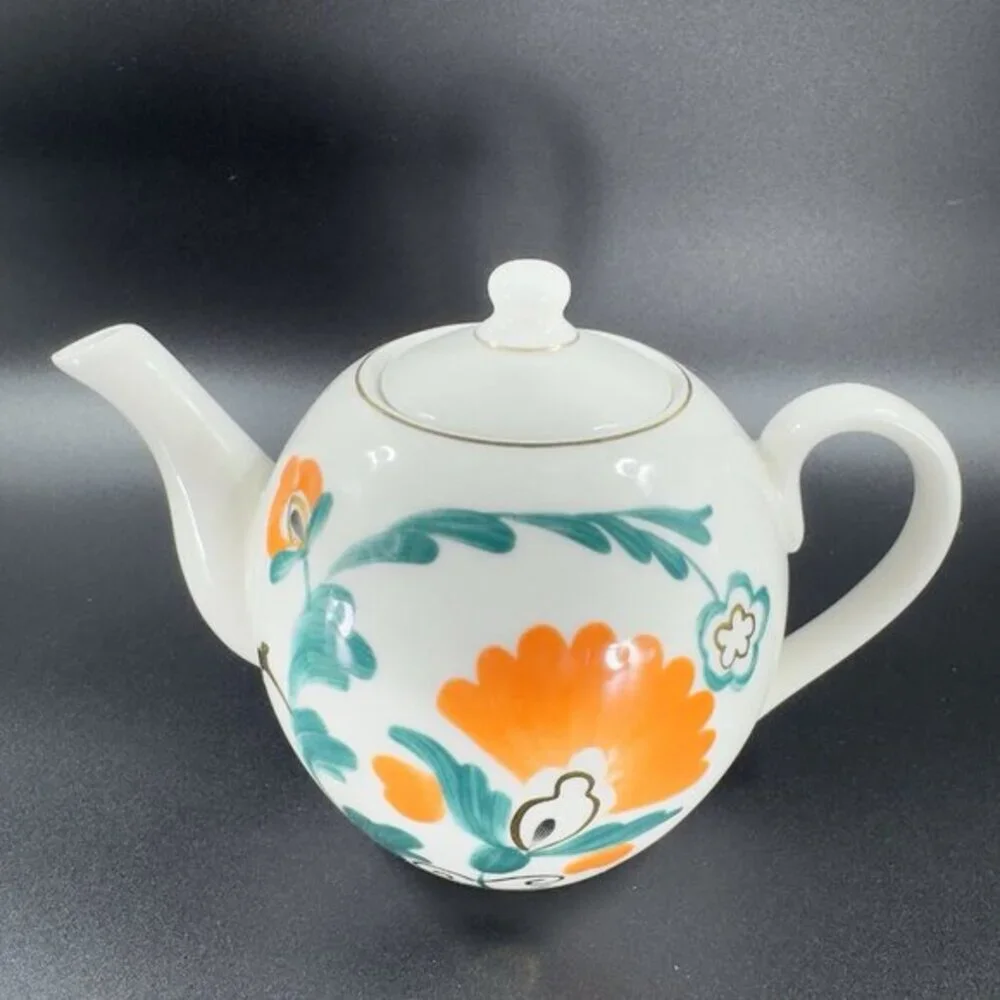Anthropologie Stoneware‎ Ceramic Teapot Carafe Tea Pot With Green Orange Flowers
